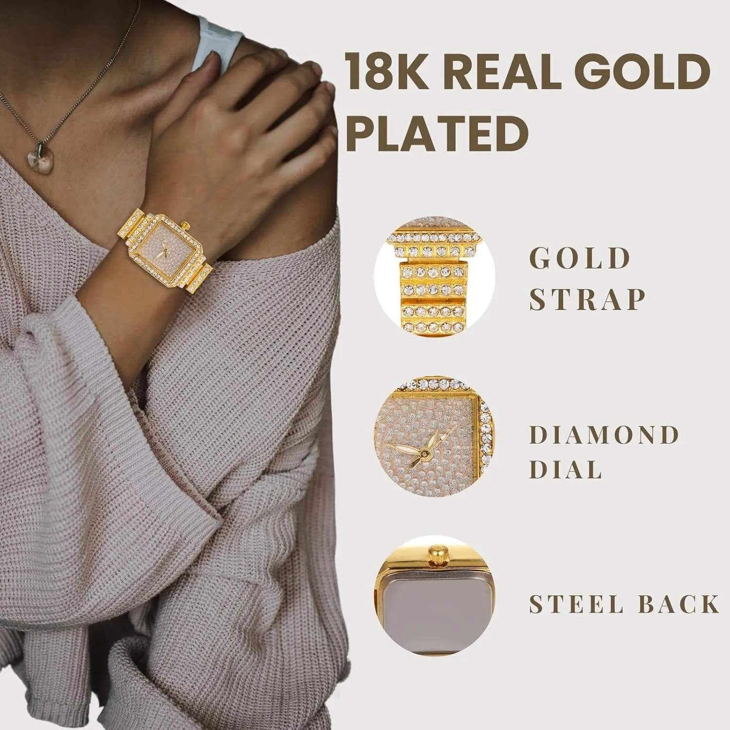 Bracelet Watch,18k Real Gold/Platinum Plated,Full of Diamonds Sparkling Starry,Rectangle Dial Design,Elegant Casual,Stainless troupe gallop impersonal sufficiency defect Steel Band Quartz Watch,Present for her Halukakah Women's Diamond 