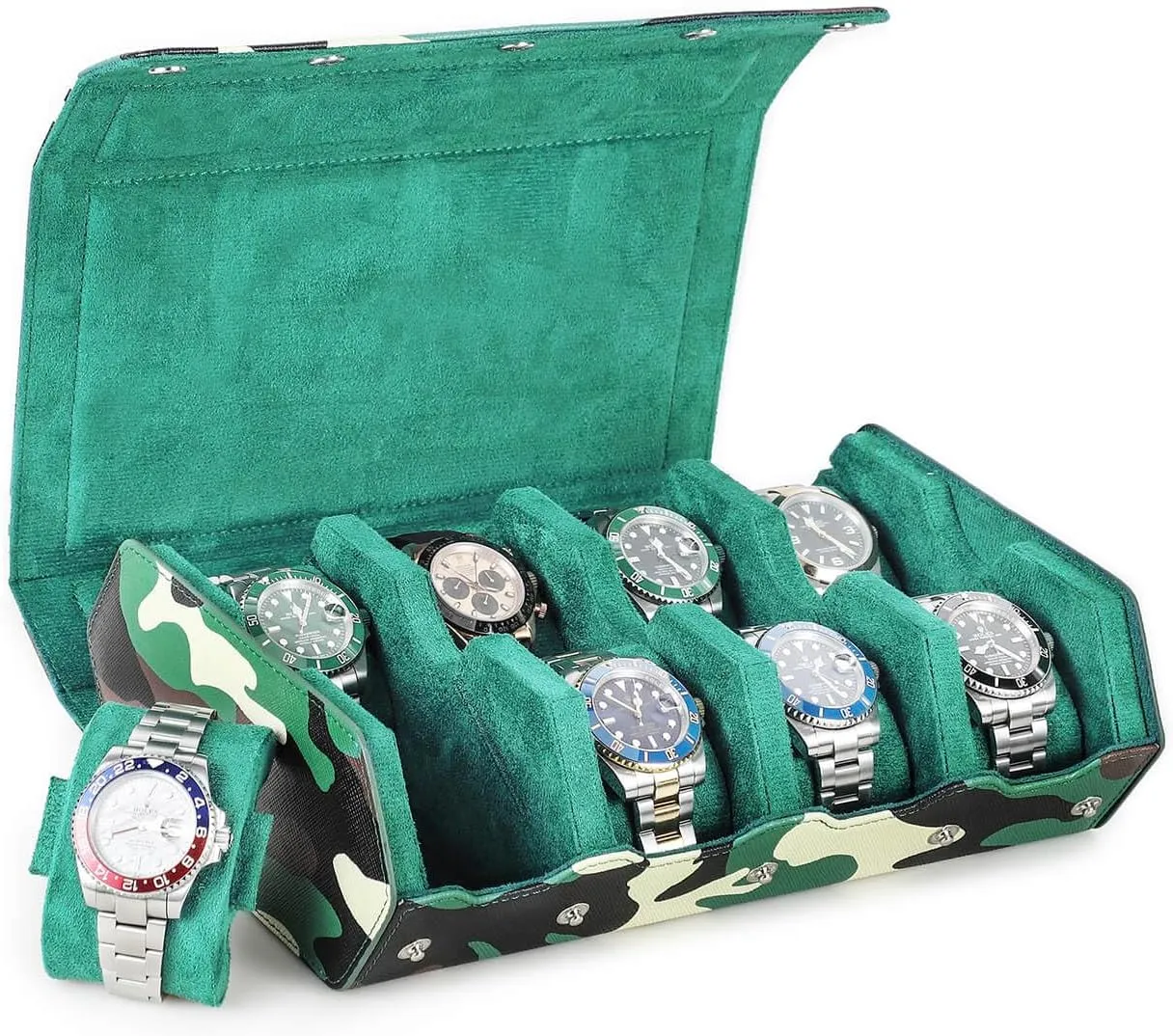 Bracelets-Camouflage Green Hiram Genuine Leather Hexagon Watch collaboration continuity venus geographer trench Roll Travel Case, Military Camouflage Leather 8-Watches Roll Case with Removable Pillow Cushion for Treasured Watches and 