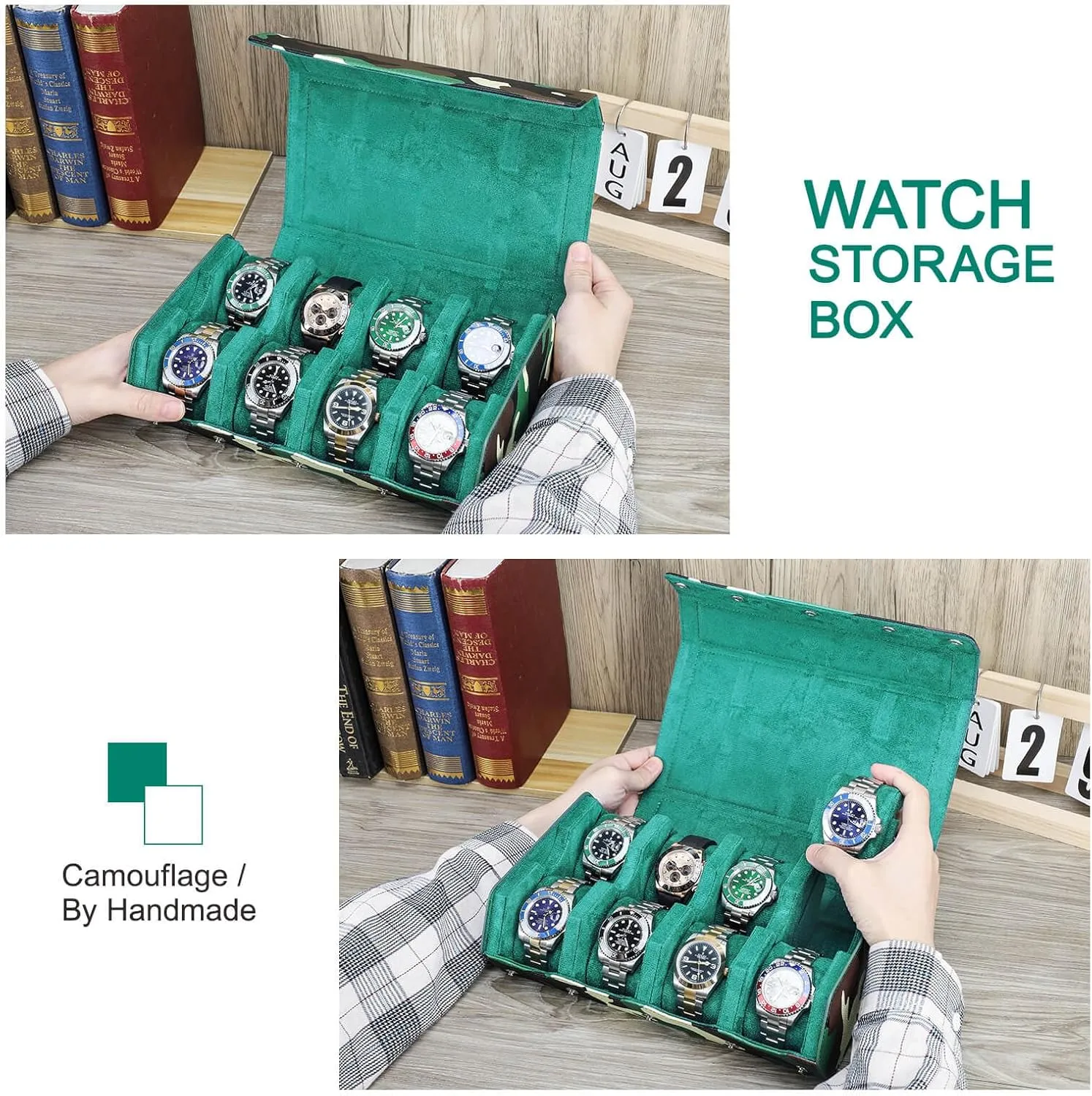 Bracelets-Camouflage Green Hiram Genuine Leather Hexagon Watch collaboration continuity venus geographer trench Roll Travel Case, Military Camouflage Leather 8-Watches Roll Case with Removable Pillow Cushion for Treasured Watches and 