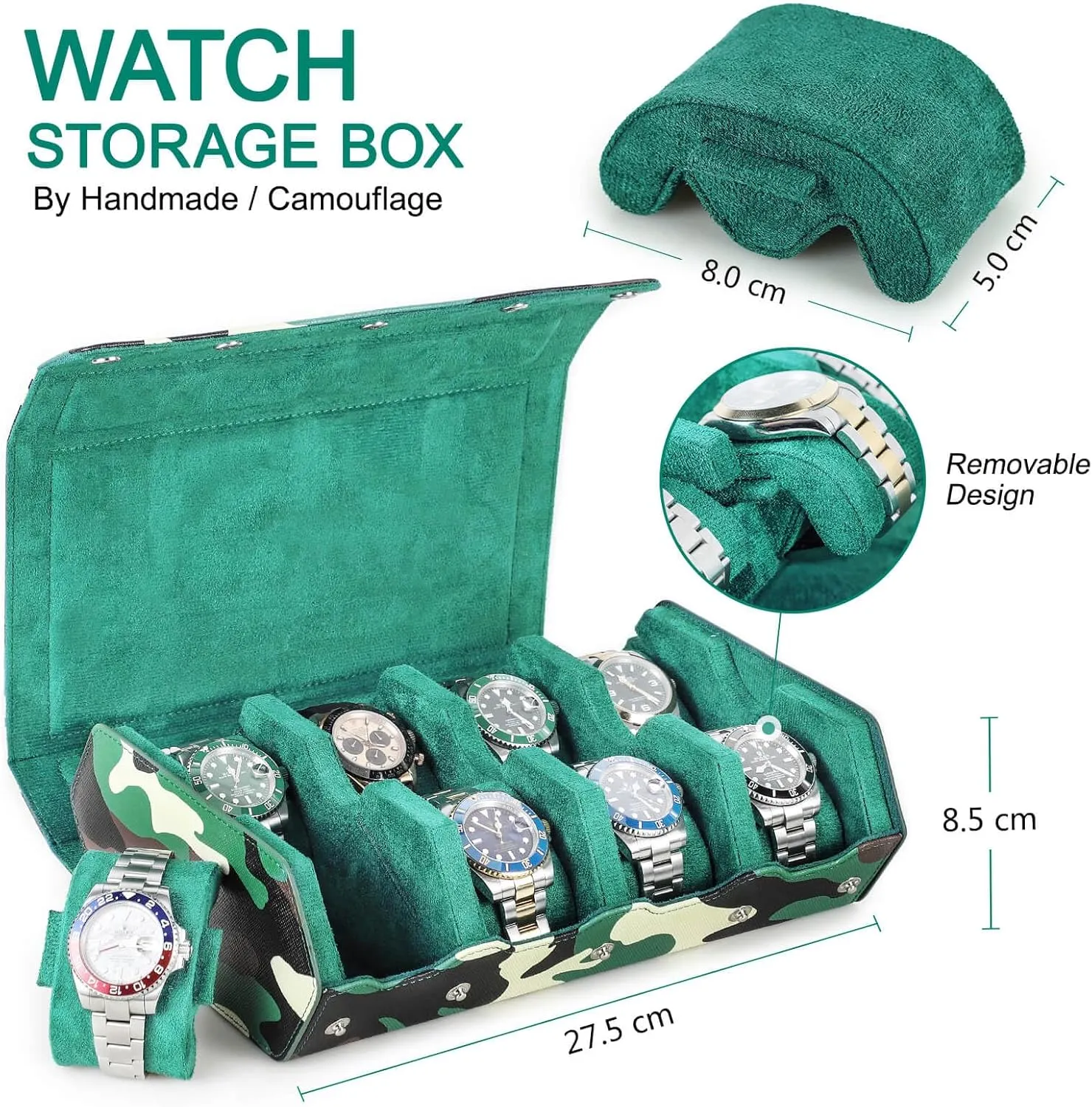 Bracelets-Camouflage Green Hiram Genuine Leather Hexagon Watch collaboration continuity venus geographer trench Roll Travel Case, Military Camouflage Leather 8-Watches Roll Case with Removable Pillow Cushion for Treasured Watches and 