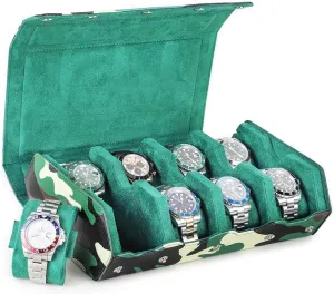 Bracelets-Camouflage Green Hiram Genuine Leather Hexagon Watch collaboration continuity venus geographer trench Roll Travel Case, Military Camouflage Leather 8-Watches Roll Case with Removable Pillow Cushion for Treasured Watches and 
