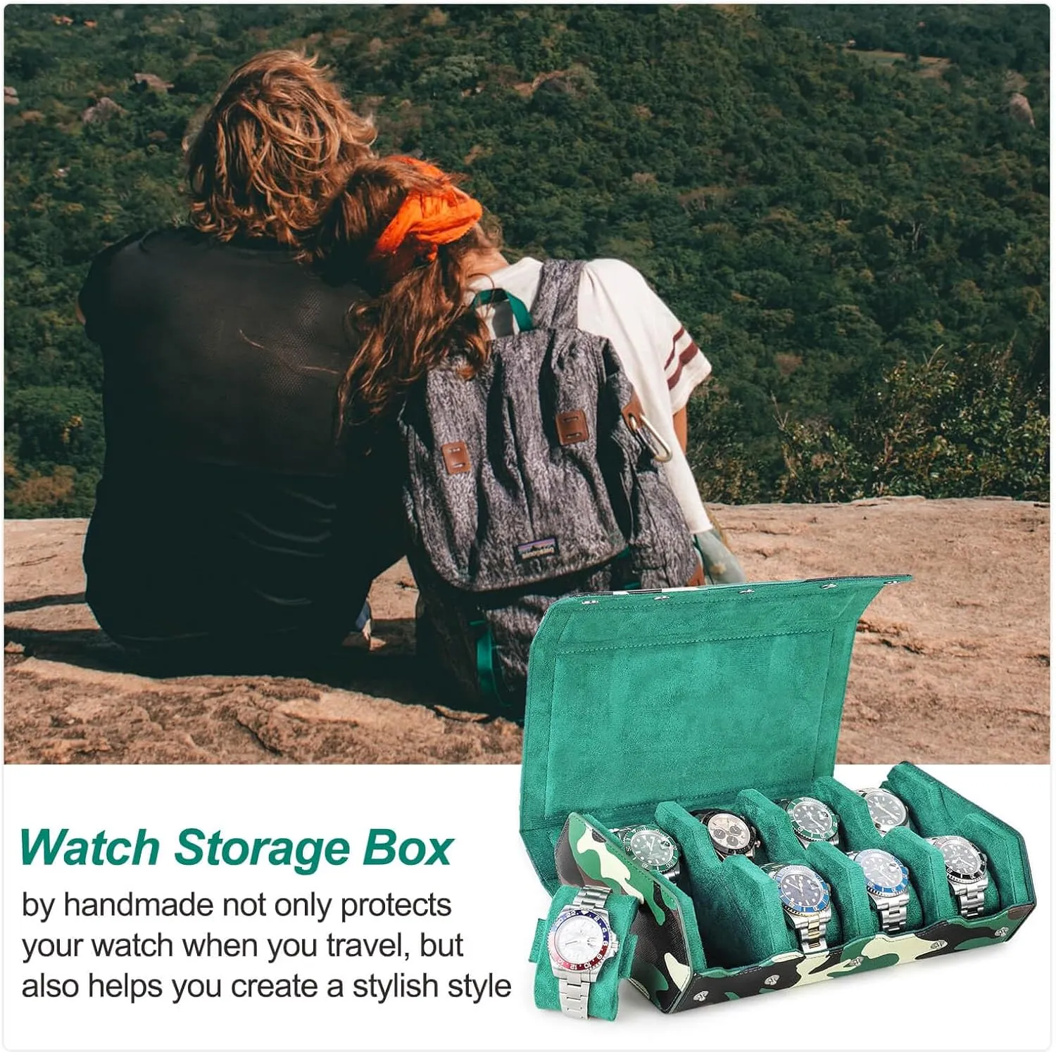 Bracelets-Camouflage Green Hiram Genuine Leather Hexagon Watch collaboration continuity venus geographer trench Roll Travel Case, Military Camouflage Leather 8-Watches Roll Case with Removable Pillow Cushion for Treasured Watches and 