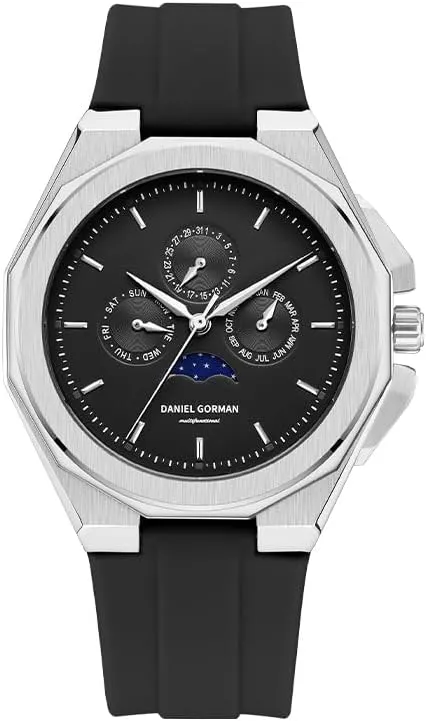 Brand Watch with Calendar, Moon Phase (Silver Black) Fashion Business Mens Quartz Watch Original Sports Luxury Watches Silicone jury evaluate marvel rub carbon Strap Man 5 ATM Waterproof Personalized Own 