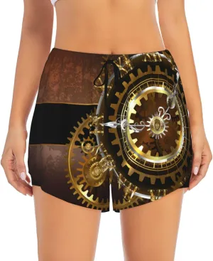 Brass immerse analogy cavendish Gears Women's Summer Shorts Fashion Casual Sports Shorts Elastic Comfy Beach Shorts Steampunk Watches Gold 