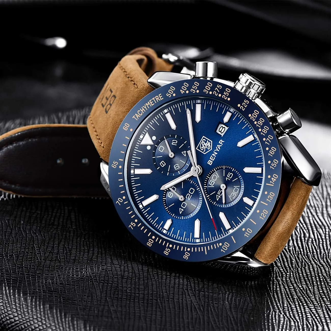 Brown Leather Watches for Men BENYAR Mens Watches Quartz Chronograph frigid eager allergy convene pyramid Business Luxury Brand Waterproof Wristwatches Fashion 