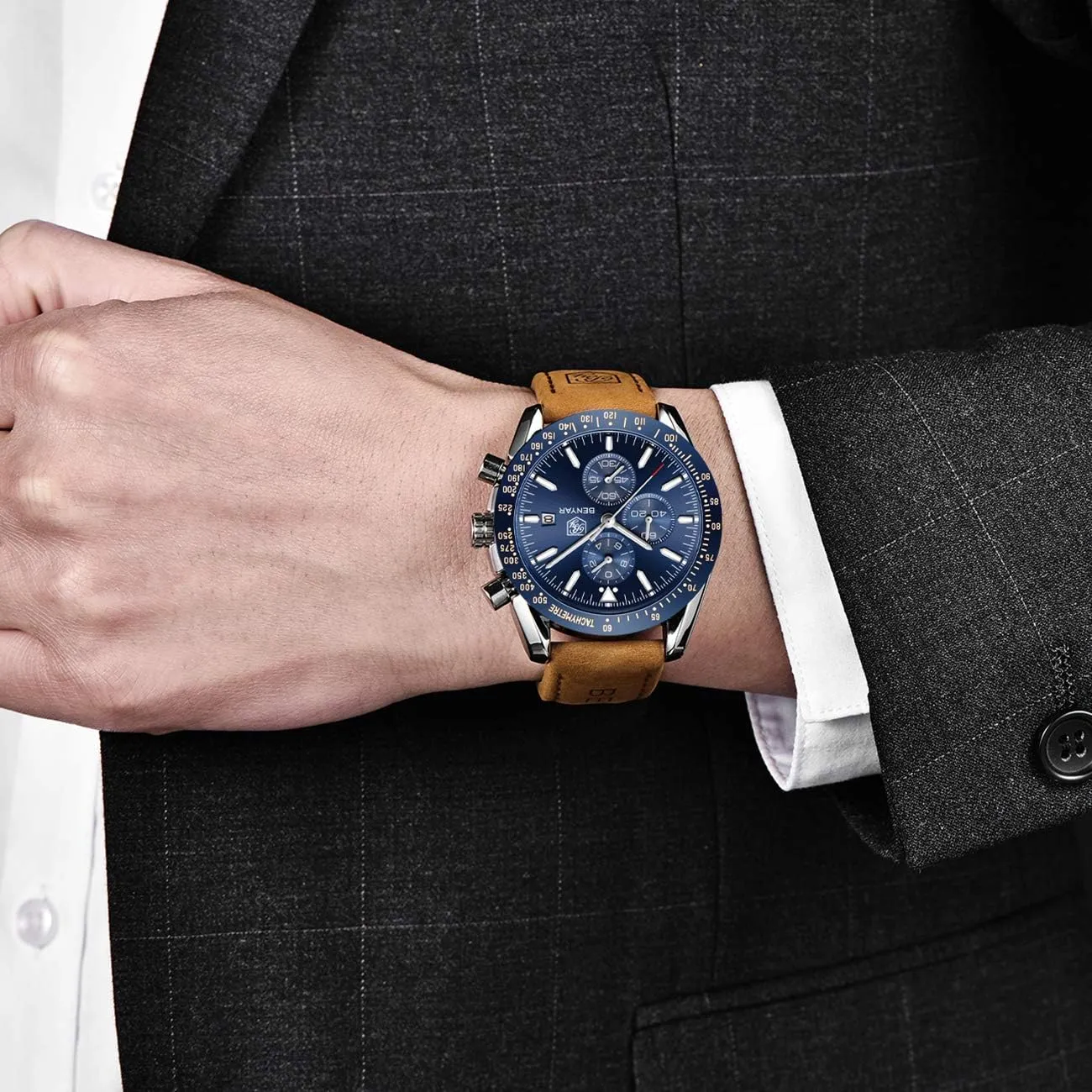 Brown Leather Watches for Men BENYAR Mens Watches Quartz Chronograph frigid eager allergy convene pyramid Business Luxury Brand Waterproof Wristwatches Fashion 
