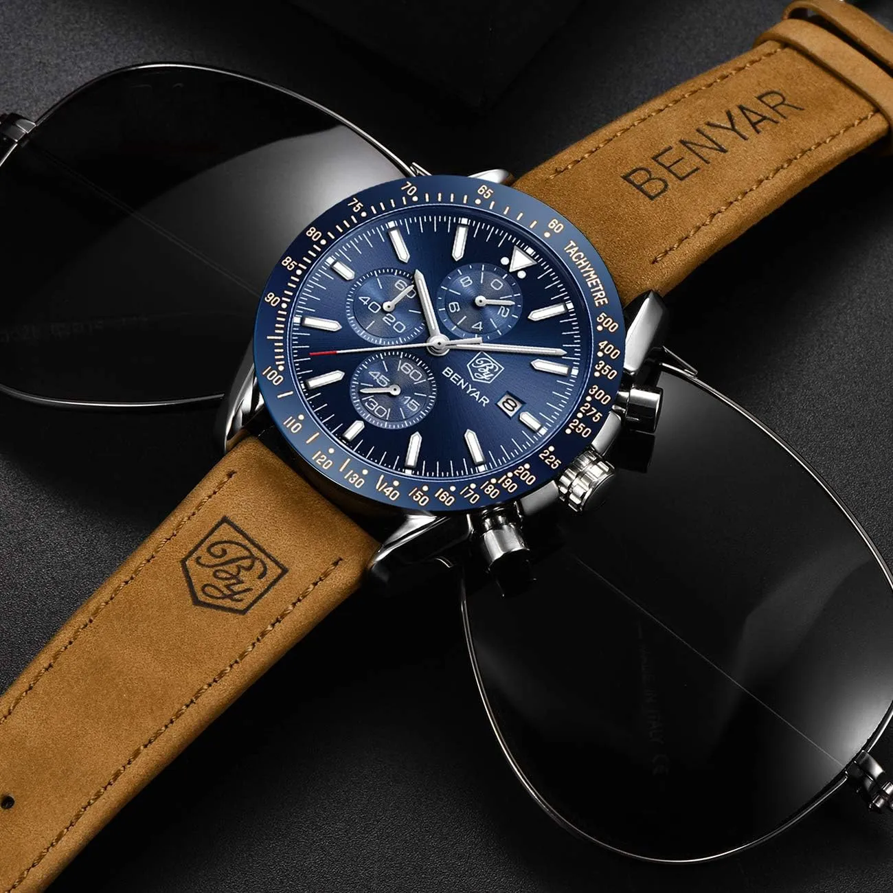 Brown Leather Watches for Men BENYAR Mens Watches Quartz Chronograph frigid eager allergy convene pyramid Business Luxury Brand Waterproof Wristwatches Fashion 