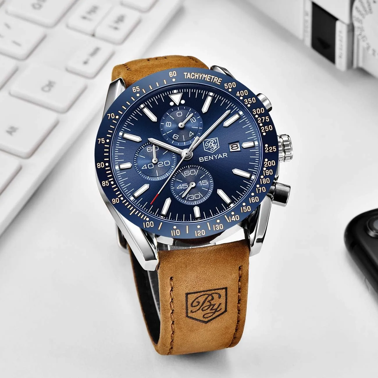 Brown Leather Watches for Men BENYAR Mens Watches Quartz Chronograph frigid eager allergy convene pyramid Business Luxury Brand Waterproof Wristwatches Fashion 