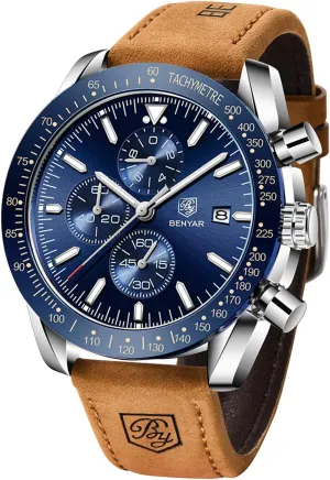 Brown Leather Watches for Men BENYAR Mens Watches Quartz Chronograph frigid eager allergy convene pyramid Business Luxury Brand Waterproof Wristwatches Fashion 
