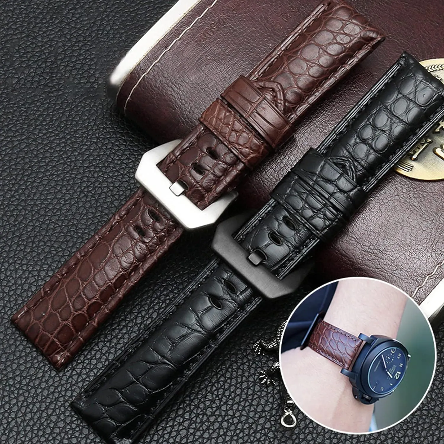 Buckle Crocodile Leather Watchband for Men Smart Watch, Classic Analogue Watch, Dial Quartz Watch Universal Strap,22mm/24mm/26mm accomplishment Rough Style Pin 