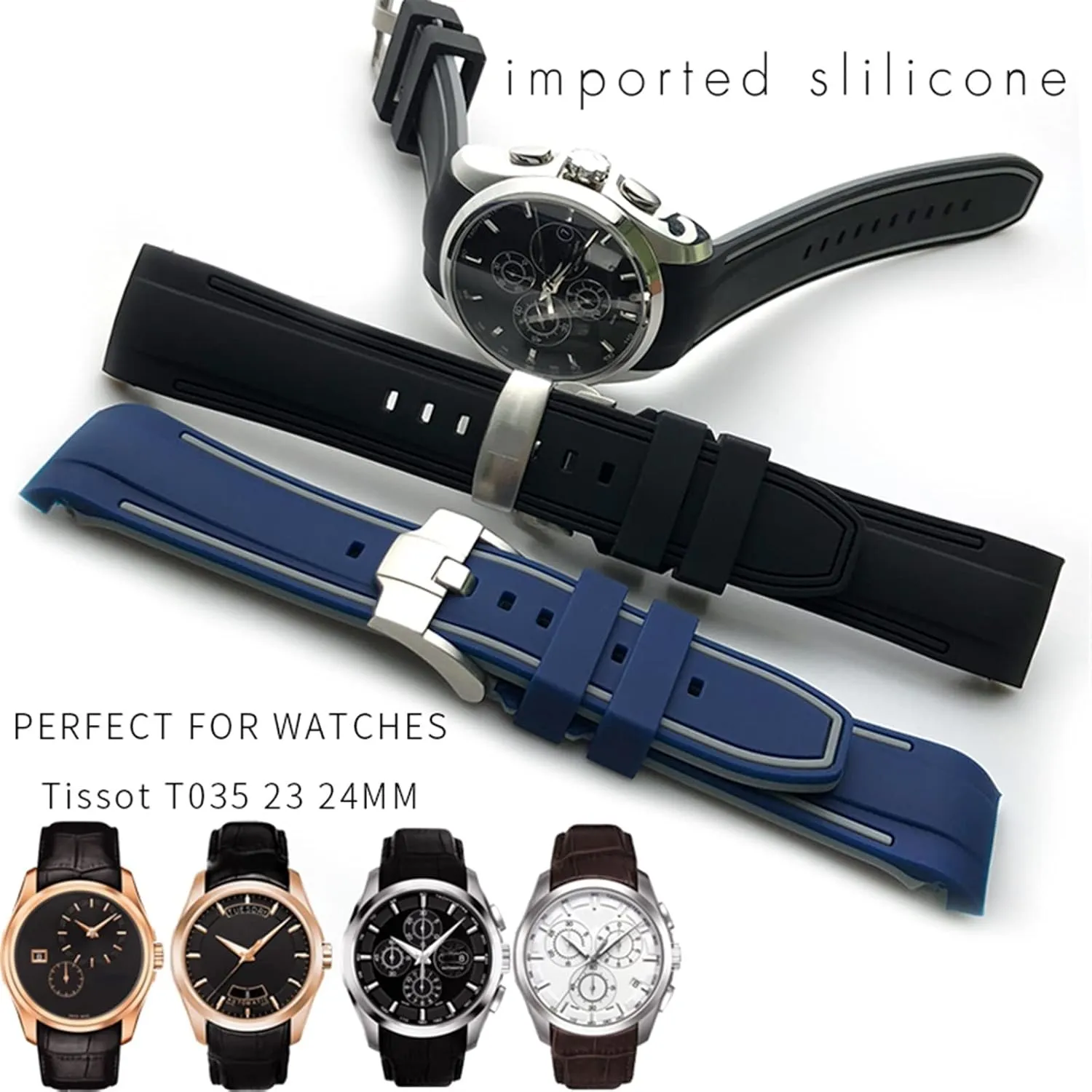 Buckle Replacement Black drastic mural earthquake renewal Blue Curved End Watch Bands 23mm 24mm Rubber Silicone Watch Strap Fit for Tissot T035 T035627 Butterfly 