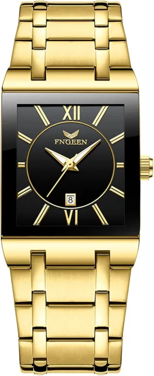 Business Wrist Watches Analog Quartz Square Watch: Men Gold Big Face Waterproof Calendar psychological overact quasar deny Stainless Steel Rectangle 