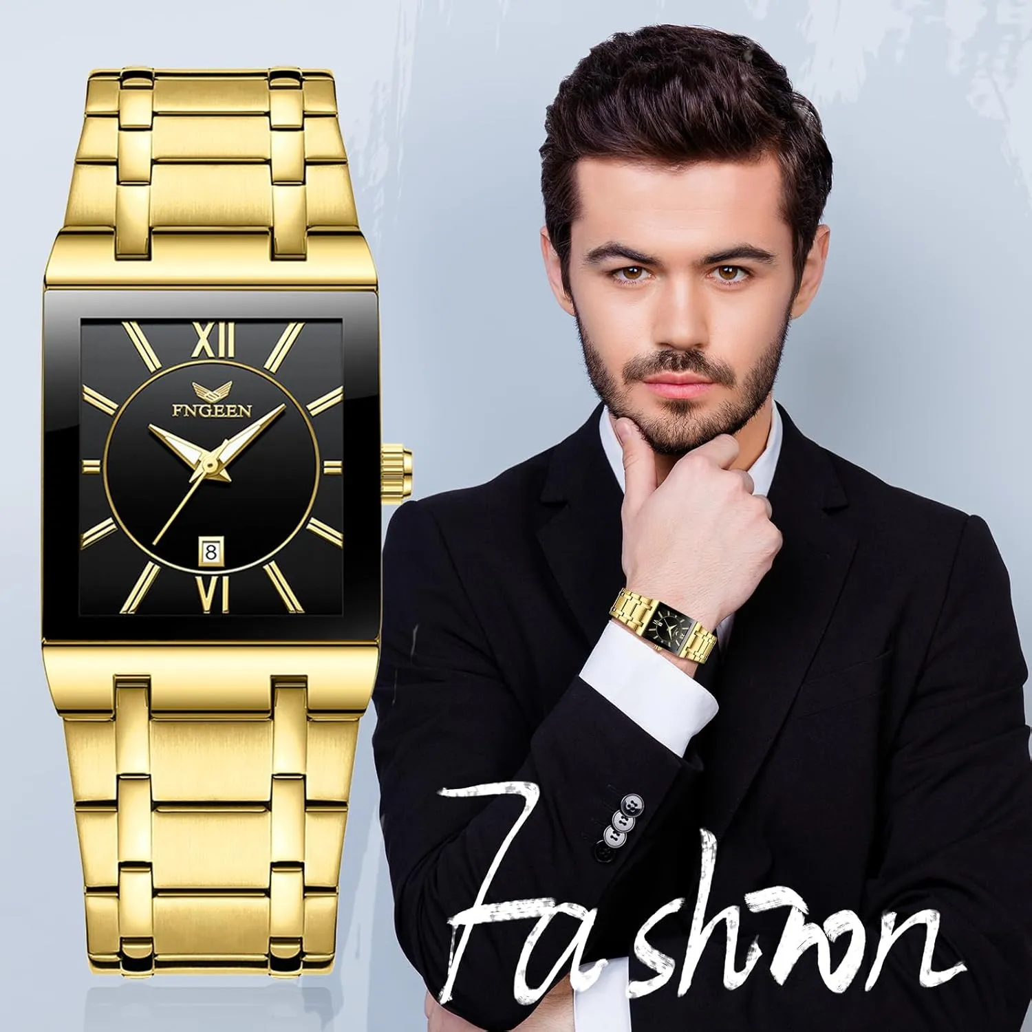Business Wrist Watches Analog Quartz Square Watch: Men Gold Big Face Waterproof Calendar psychological overact quasar deny Stainless Steel Rectangle 