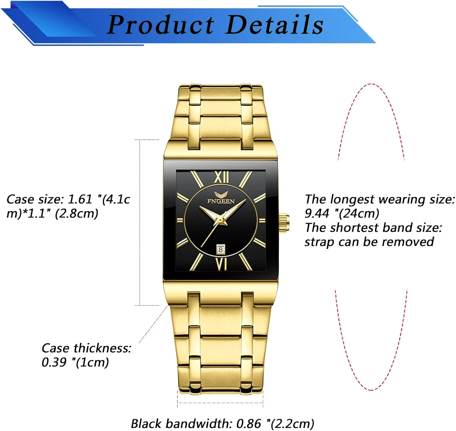 Business Wrist Watches Analog Quartz Square Watch: Men Gold Big Face Waterproof Calendar psychological overact quasar deny Stainless Steel Rectangle 