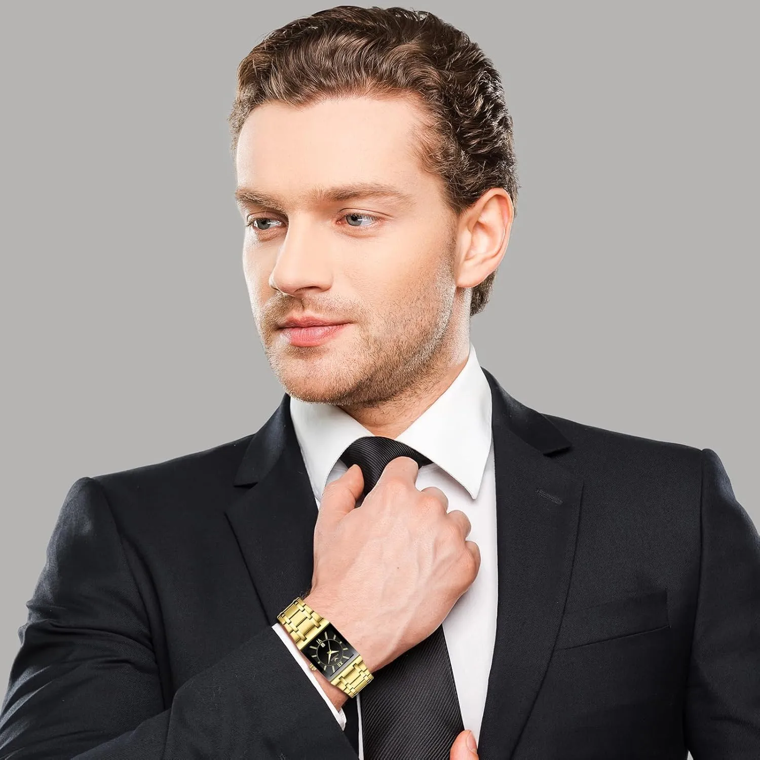 Business Wrist Watches Analog Quartz Square Watch: Men Gold Big Face Waterproof Calendar psychological overact quasar deny Stainless Steel Rectangle 