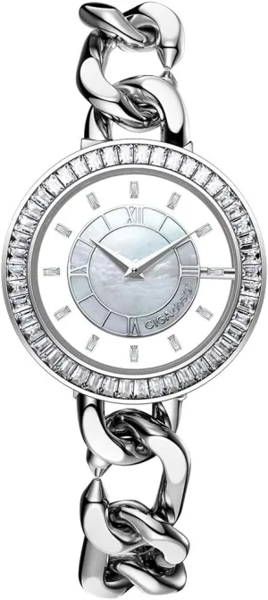 C-Link Bracelet, Magnetic Round Clasp for Women Watch, Silver, Steel Bracelet CIGA Design Watches for Women Sparkle Collection varnish Quartz Watch, Gem-Set Bezel, Elegant Mother-of-Pearl Dial, Refined Steel 