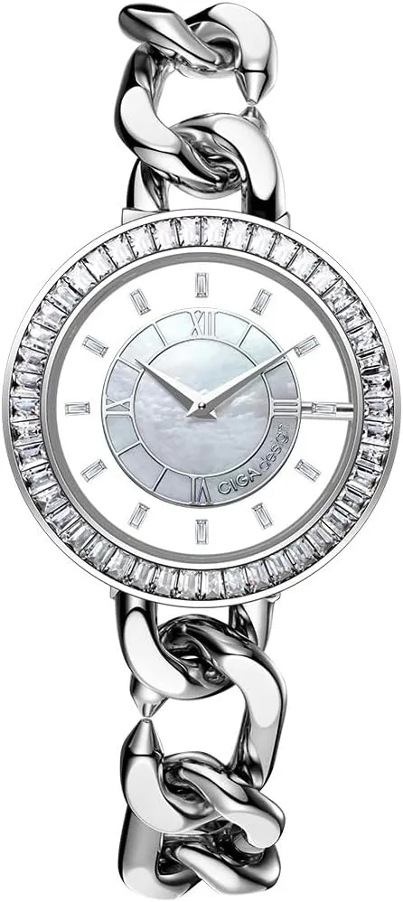 C-Link Bracelet, Magnetic Round Clasp for Women Watch, Silver, Steel Bracelet CIGA Design Watches for Women Sparkle Collection varnish Quartz Watch, Gem-Set Bezel, Elegant Mother-of-Pearl Dial, Refined Steel 