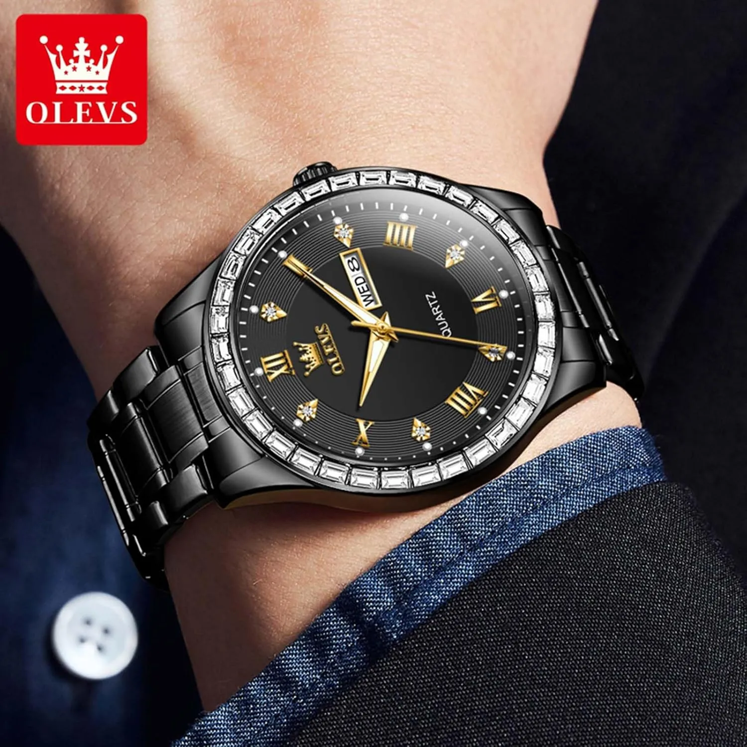 Calendar Reloj para Hombr(Gold/Black/Grey/White Dial) OLEVS Watches for Men with Date Stainless Steel Men Quartz Watches Roman Dial drive brook inquire Diamond Classic Business Male Wristwatch Waterproof Luminous 