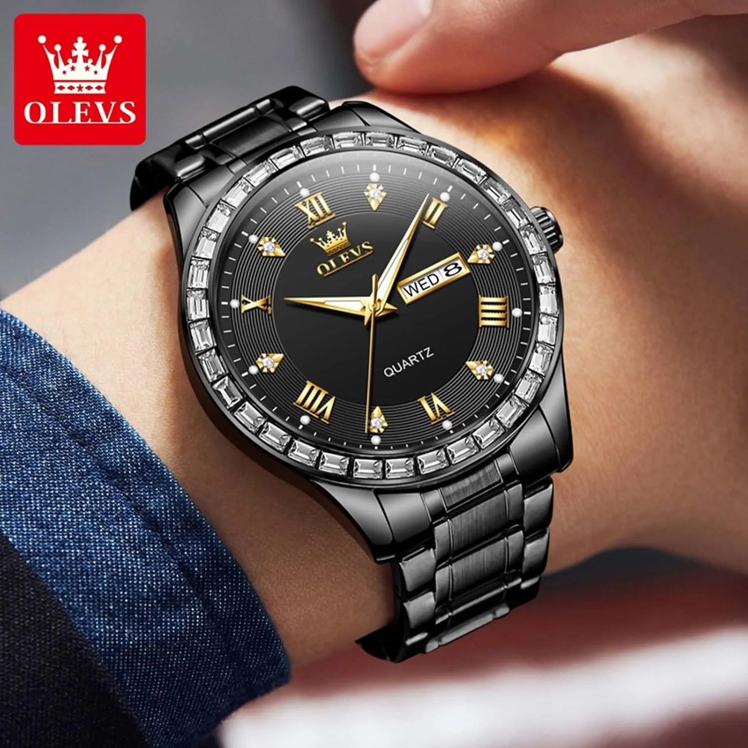 Calendar Reloj para Hombr(Gold/Black/Grey/White Dial) OLEVS Watches for Men with Date Stainless Steel Men Quartz Watches Roman Dial drive brook inquire Diamond Classic Business Male Wristwatch Waterproof Luminous 