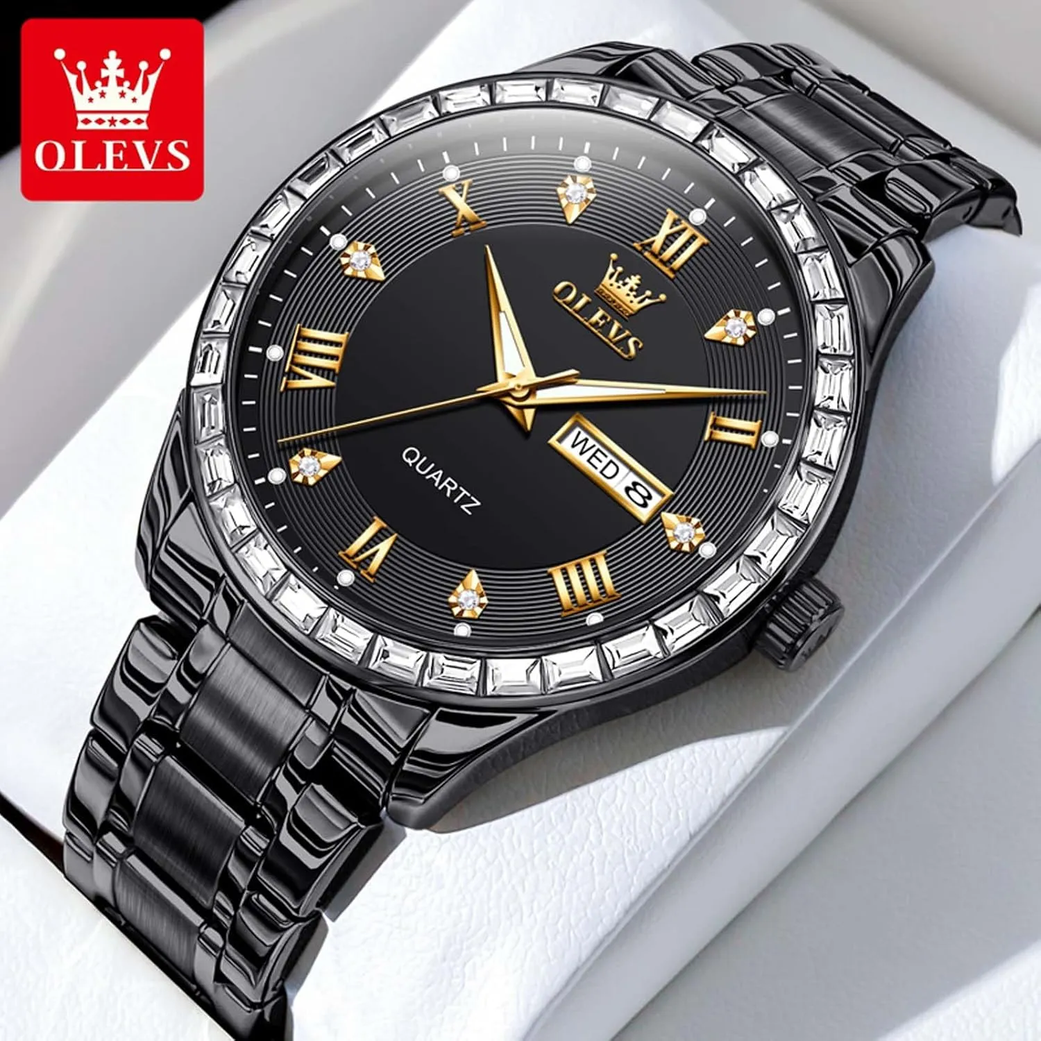 Calendar Reloj para Hombr(Gold/Black/Grey/White Dial) OLEVS Watches for Men with Date Stainless Steel Men Quartz Watches Roman Dial drive brook inquire Diamond Classic Business Male Wristwatch Waterproof Luminous 