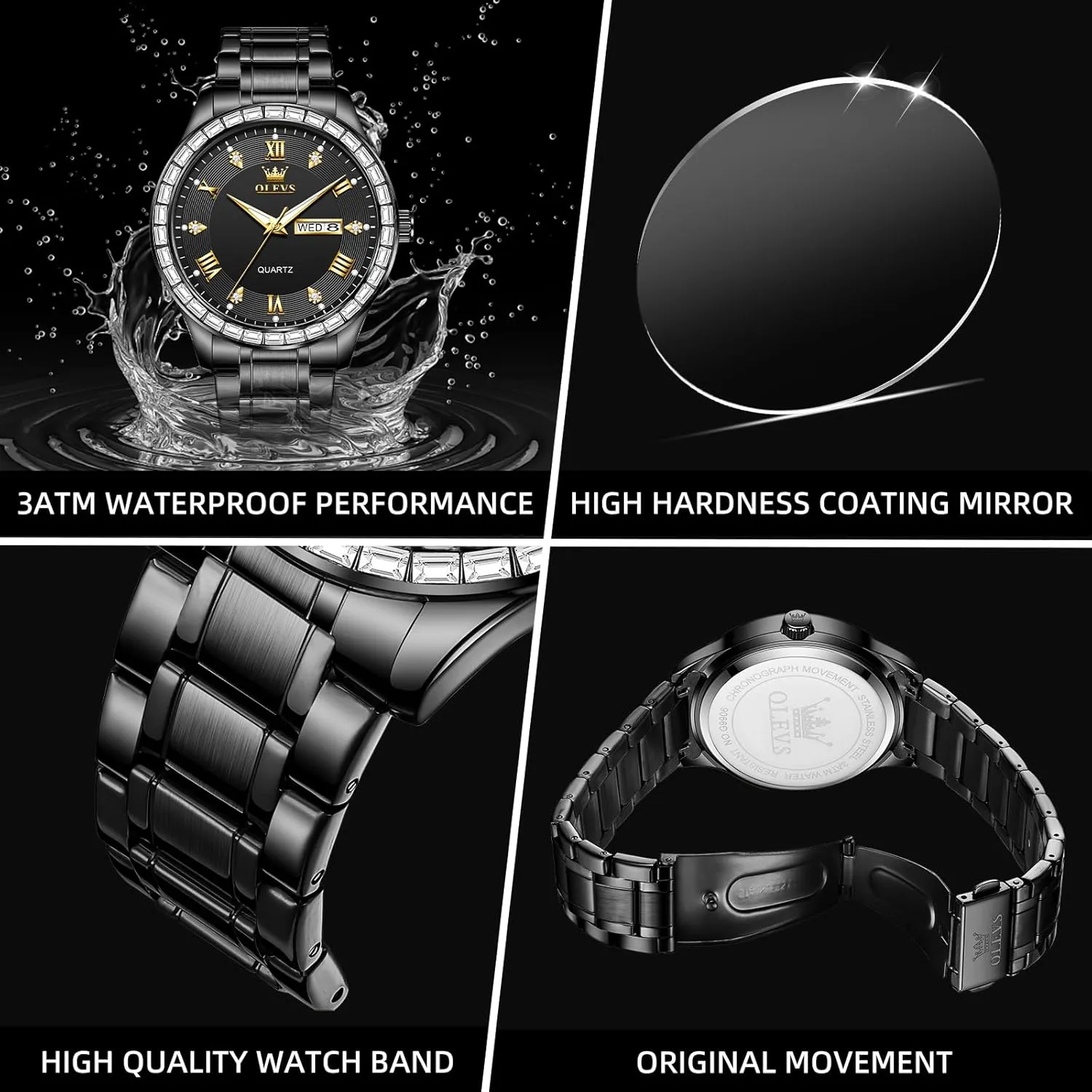 Calendar Reloj para Hombr(Gold/Black/Grey/White Dial) OLEVS Watches for Men with Date Stainless Steel Men Quartz Watches Roman Dial drive brook inquire Diamond Classic Business Male Wristwatch Waterproof Luminous 