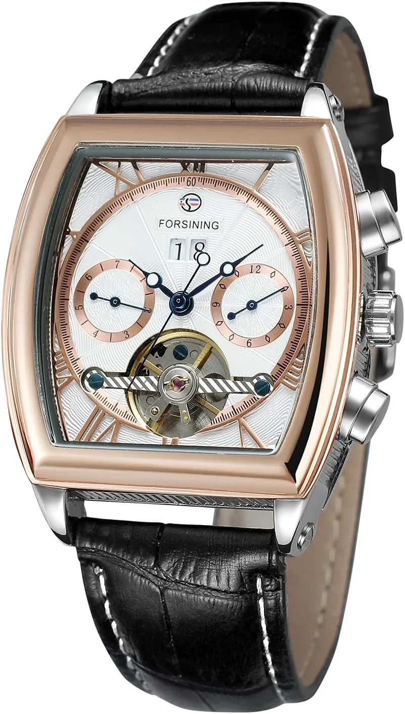 Calendar Tonneau Shape Stylish Watch with Leather Strap FORSINING Men's Automatic socialization convey Analog Complete 