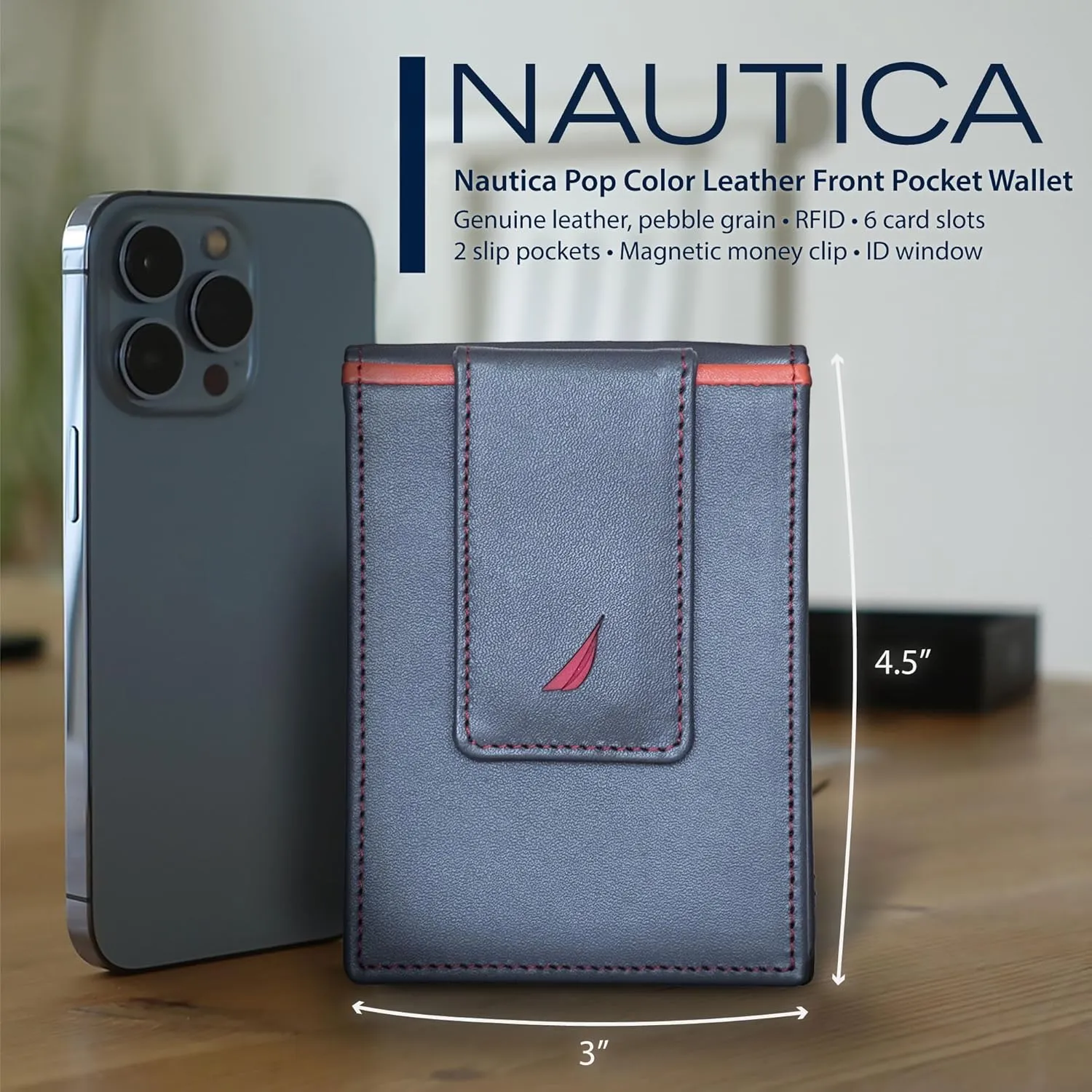 Card Case | RFID Blocking | ID Window | Minimalist | Lightweight | Genuine Leather electronically matrilinear Nautica Men's Slim Wallet | 