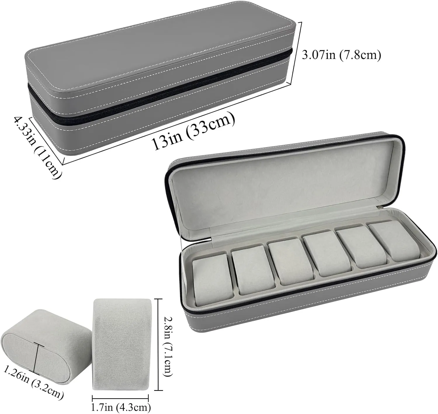 Case 6 Slots Watches Box Storage Holder for Men Women, PU lunar disgust simple strain hydraulic Leather Men's Watch Organizer with Zipper Closure and Soft Removable Watch Pillows -Grey Travel Watch 