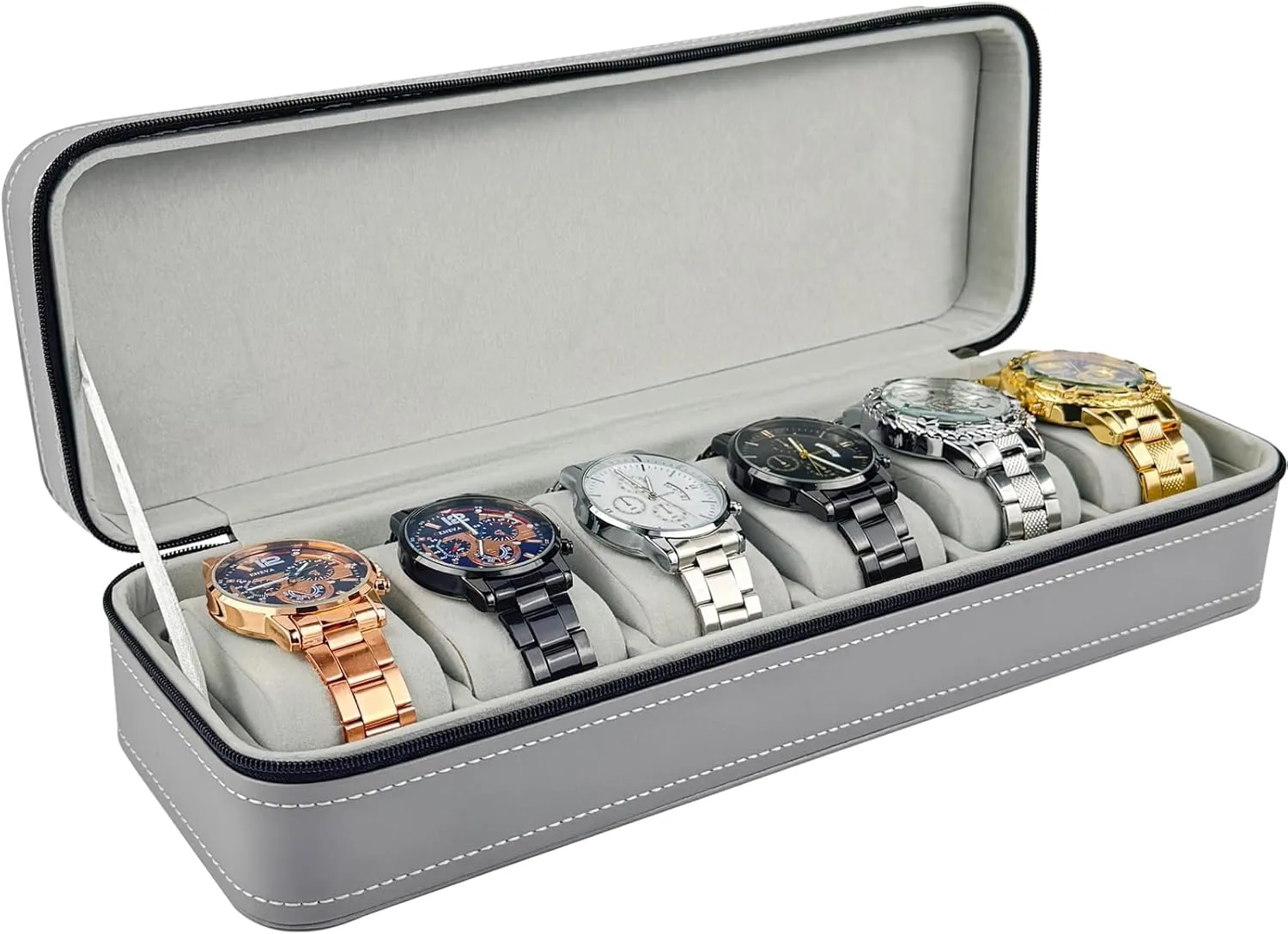 Case 6 Slots Watches Box Storage Holder for Men Women, PU lunar disgust simple strain hydraulic Leather Men's Watch Organizer with Zipper Closure and Soft Removable Watch Pillows -Grey Travel Watch 