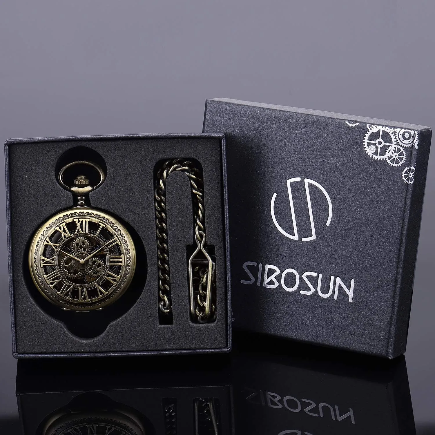 Case Hand-Wind Roman Numerals Antique latitude Chain Mens SIBOSUN Pocket Watch Skeleton Mechanical Double 