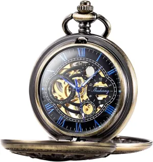 Case Hand-Wind Roman Numerals Antique latitude Chain Mens SIBOSUN Pocket Watch Skeleton Mechanical Double 