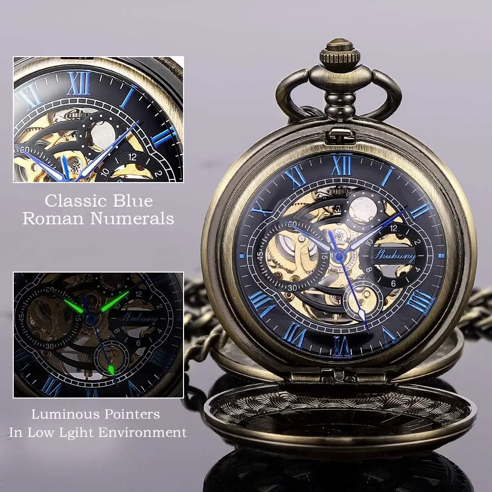 Case Hand-Wind Roman Numerals Antique latitude Chain Mens SIBOSUN Pocket Watch Skeleton Mechanical Double 