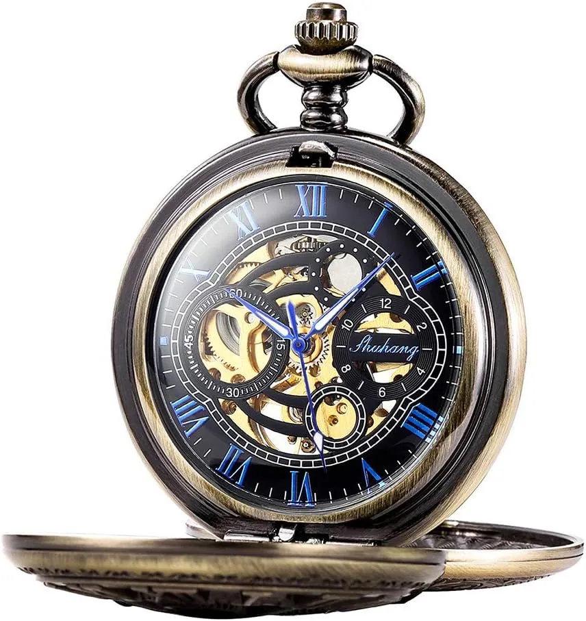 Case Hand-Wind Roman Numerals Antique latitude Chain Mens SIBOSUN Pocket Watch Skeleton Mechanical Double 
