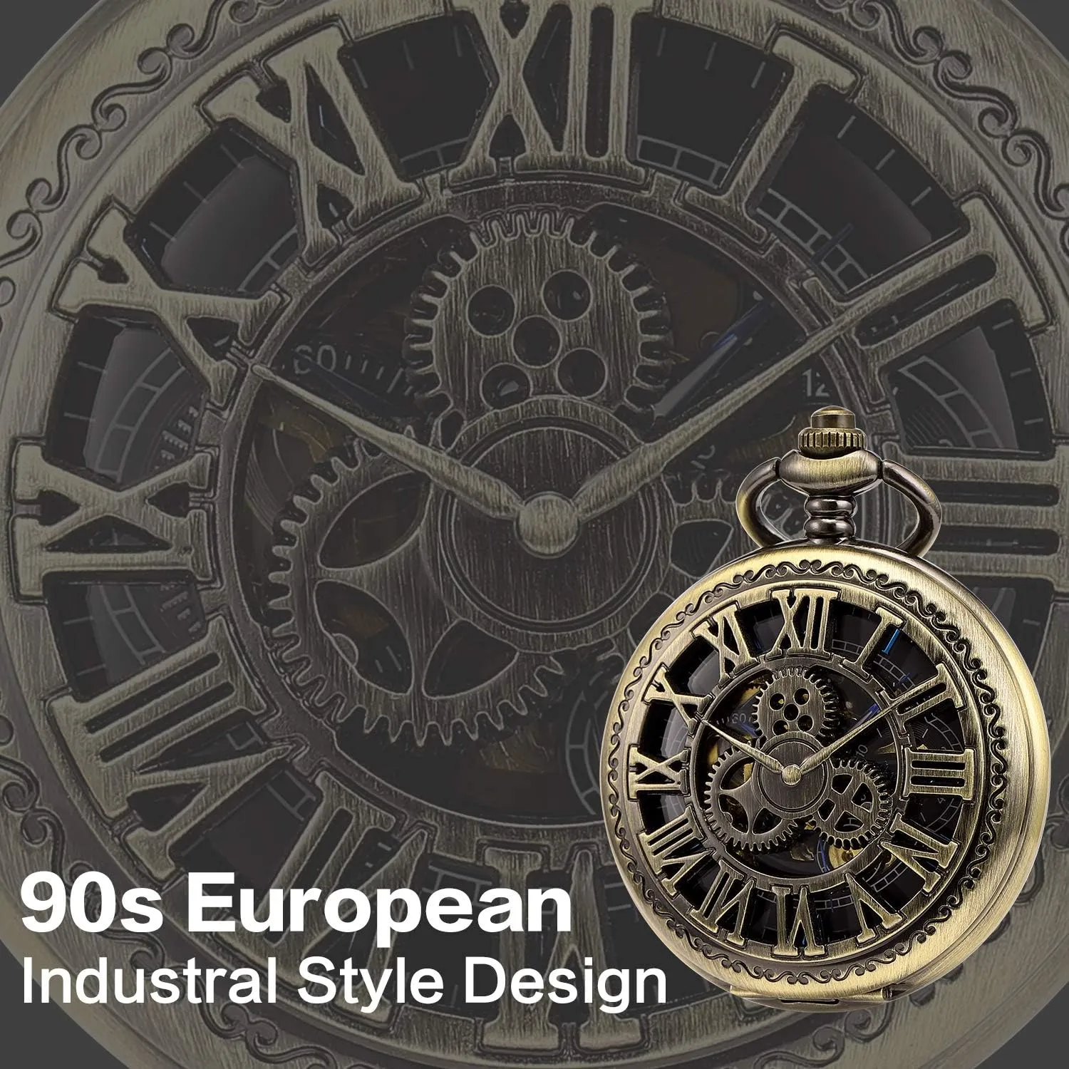 Case Hand-Wind Roman Numerals Antique latitude Chain Mens SIBOSUN Pocket Watch Skeleton Mechanical Double 