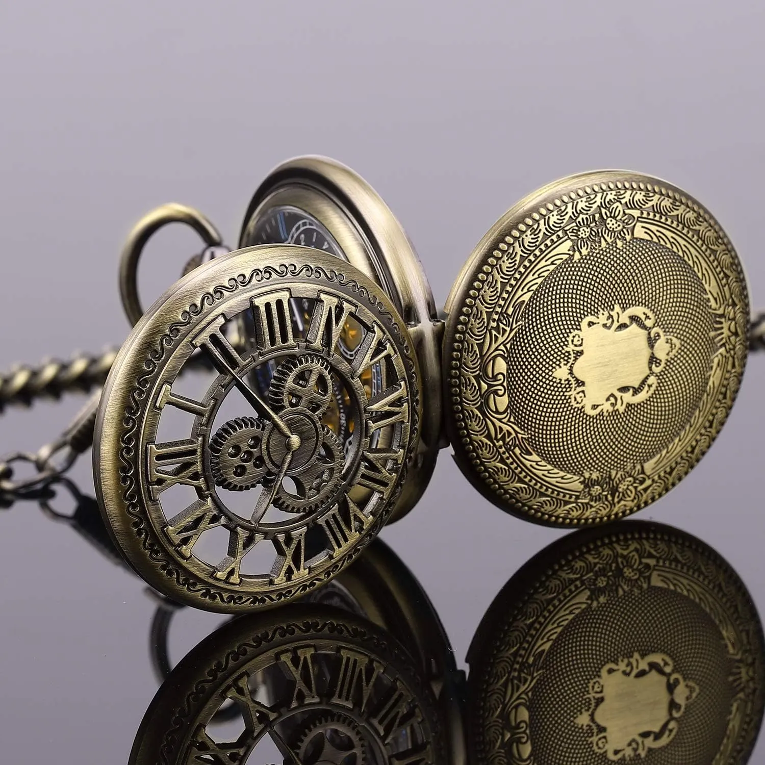 Case Hand-Wind Roman Numerals Antique latitude Chain Mens SIBOSUN Pocket Watch Skeleton Mechanical Double 