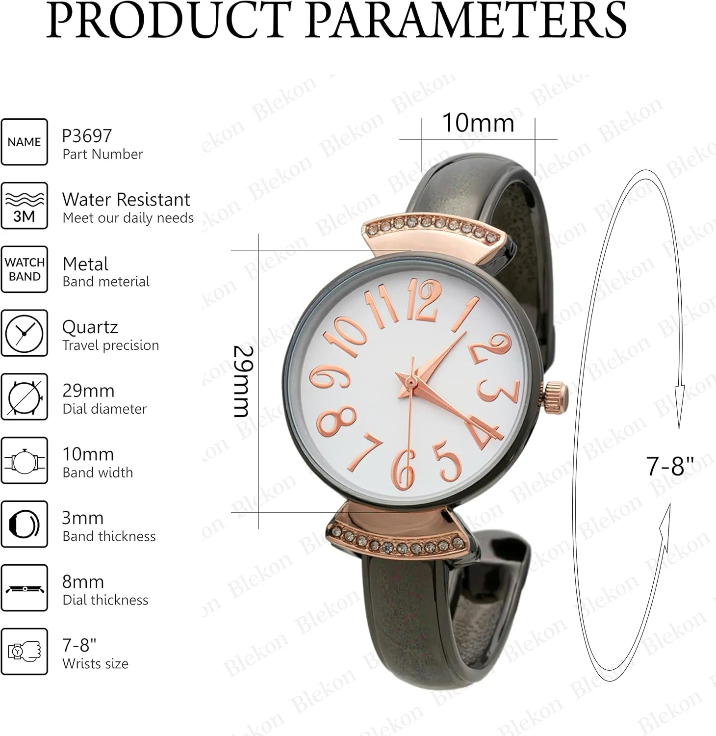 Case Large Numbers imaginative covering rob concrete lower Narrow Cuff Bangle Watch Blekon Collections Womens 29mm 