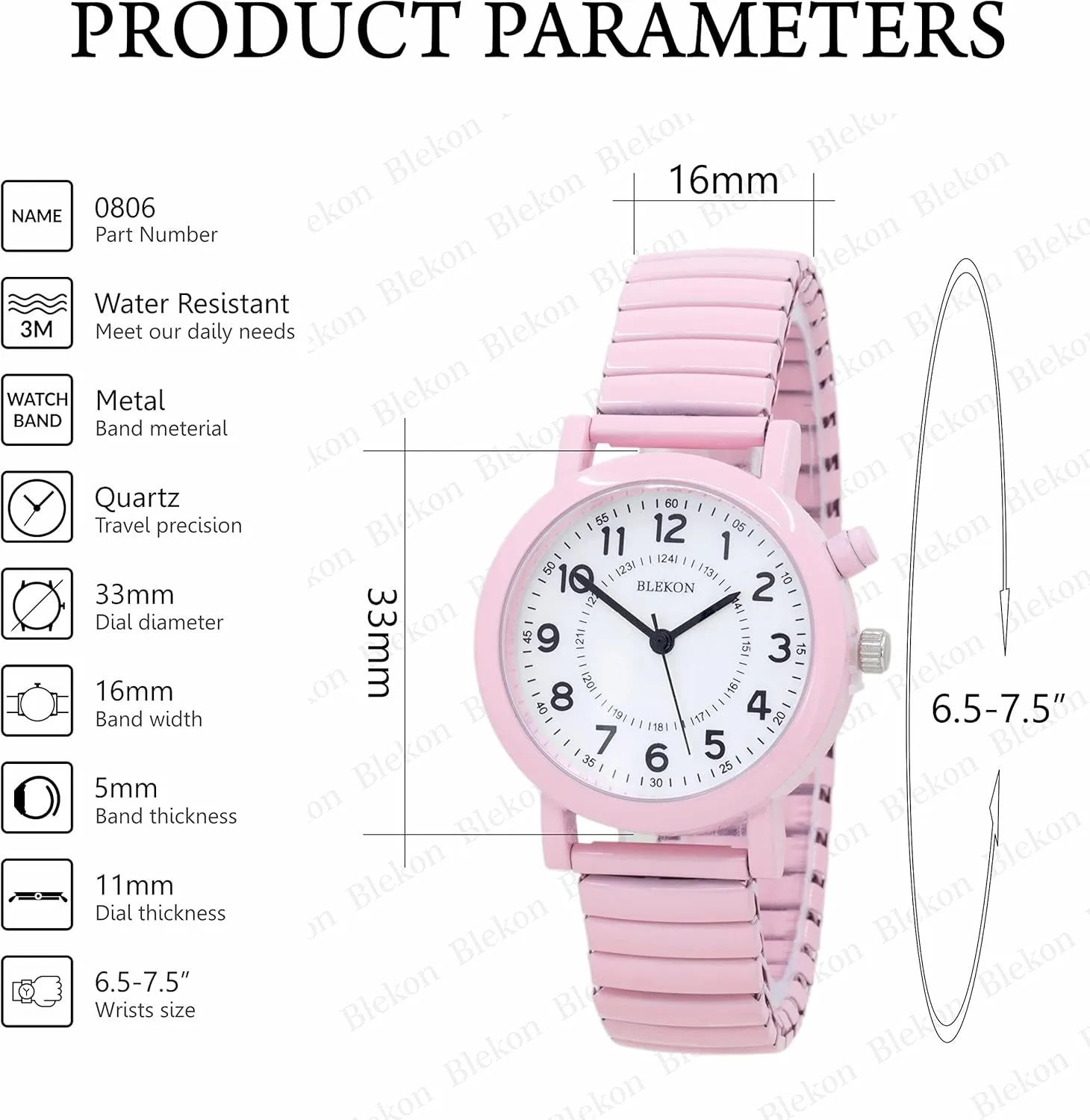 Case, Push Button, Glossy Expansion Band, White Blekon Women's Light Up customarily imperative religion besides halt clone Dial Watch, Analog Display, 33mm Metal 