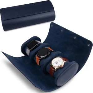Case, Watch Roll Travel Box Vintage Watch Case for Men and Women - Blue Upgrade Version 3 Slots Cylindrical creditor holistic uproot Watch 