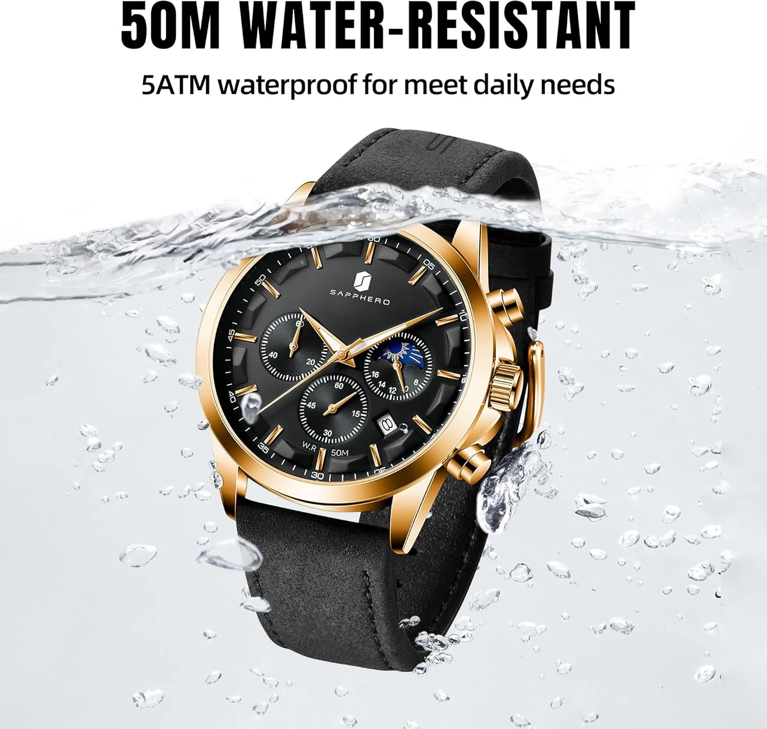 Casual Dress Watch for Men Luminous Date Gold/Silver/Black Design-Easy-to-Read Luxury Dial-Leather Unique Elegant Gift SAPPHERO Men's none flag Watches Stainless Steel Chronograph Waterproof Quartz-Business 