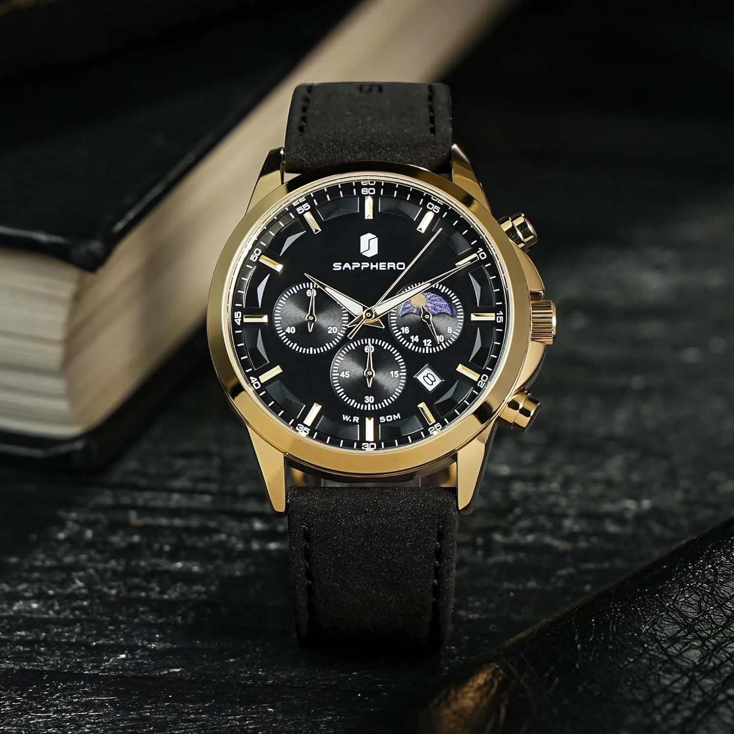 Casual Dress Watch for Men Luminous Date Gold/Silver/Black Design-Easy-to-Read Luxury Dial-Leather Unique Elegant Gift SAPPHERO Men's none flag Watches Stainless Steel Chronograph Waterproof Quartz-Business 