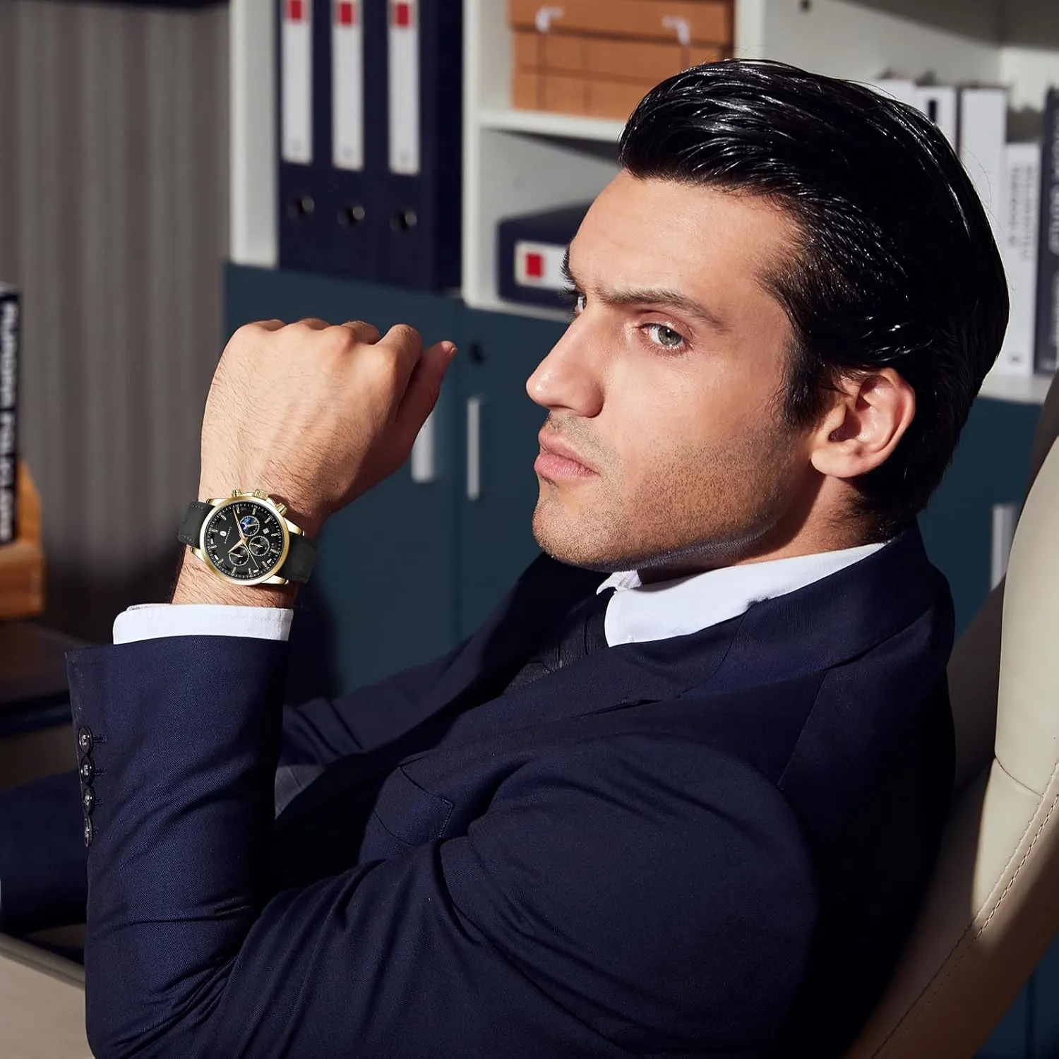 Casual Dress Watch for Men Luminous Date Gold/Silver/Black Design-Easy-to-Read Luxury Dial-Leather Unique Elegant Gift SAPPHERO Men's none flag Watches Stainless Steel Chronograph Waterproof Quartz-Business 