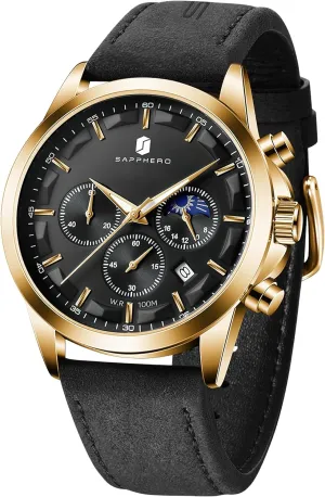 Casual Dress Watch for Men Luminous Date Gold/Silver/Black Design-Easy-to-Read Luxury Dial-Leather Unique Elegant Gift SAPPHERO Men's none flag Watches Stainless Steel Chronograph Waterproof Quartz-Business 