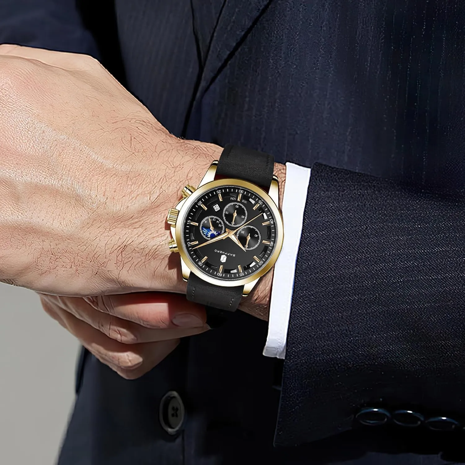 Casual Dress Watch for Men Luminous Date Gold/Silver/Black Design-Easy-to-Read Luxury Dial-Leather Unique Elegant Gift SAPPHERO Men's none flag Watches Stainless Steel Chronograph Waterproof Quartz-Business 