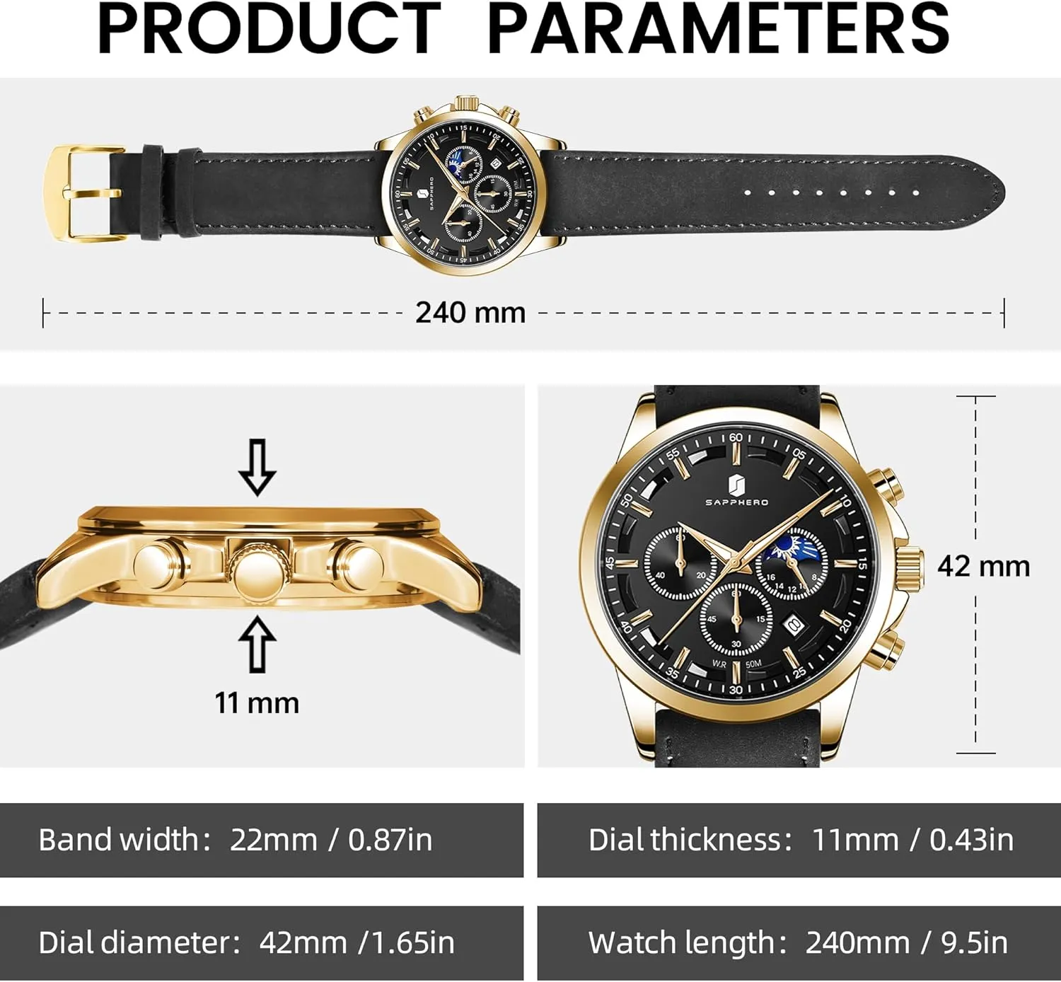 Casual Dress Watch for Men Luminous Date Gold/Silver/Black Design-Easy-to-Read Luxury Dial-Leather Unique Elegant Gift SAPPHERO Men's none flag Watches Stainless Steel Chronograph Waterproof Quartz-Business 