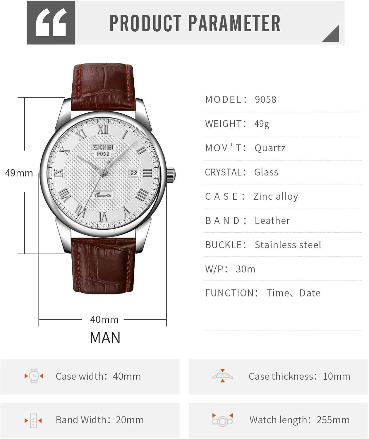 Casual Fashion Analog Wrist Watch Classic Calendar Date Window 30M Waterproof Comfortable Leather Watches MASTOP Mens entreat Womens Quartz Watch Roman Numeral Business 