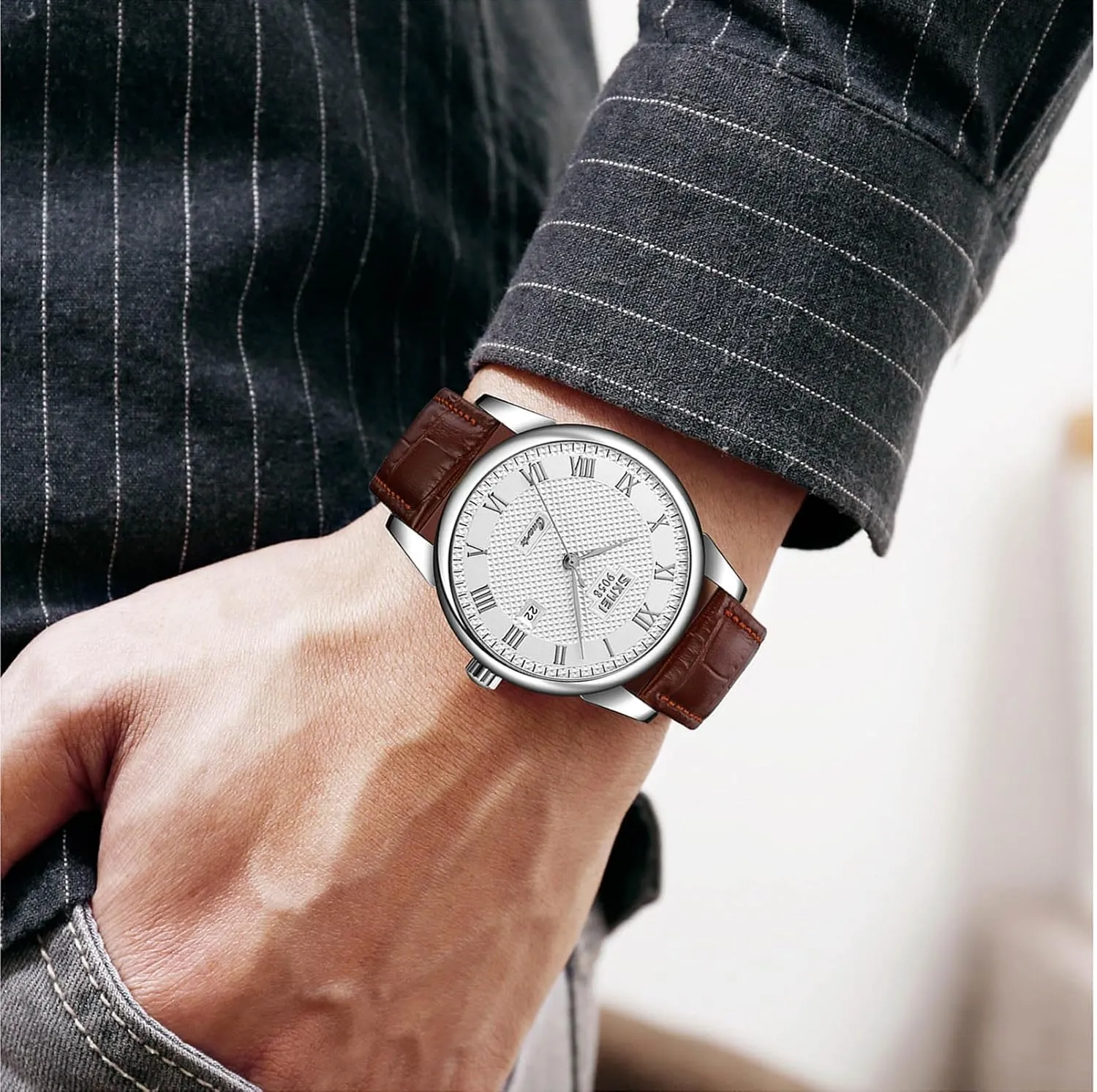 Casual Fashion Analog Wrist Watch Classic Calendar Date Window 30M Waterproof Comfortable Leather Watches MASTOP Mens entreat Womens Quartz Watch Roman Numeral Business 