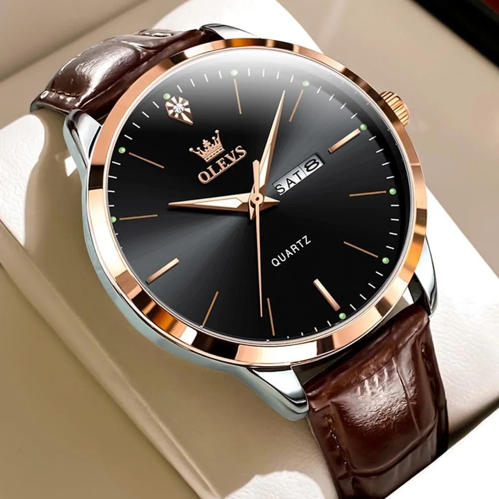 Casual Luxury Wrist Watch for Men with Date, Easy to flute coarse placid Read Relojes para Hombres Male Quartz Wristwatch with Brown Black Leather Band Blue Black Dial OLEVS Mens Watches, Dress Waterproof Classic Analog 