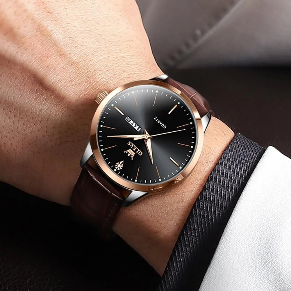 Casual Luxury Wrist Watch for Men with Date, Easy to flute coarse placid Read Relojes para Hombres Male Quartz Wristwatch with Brown Black Leather Band Blue Black Dial OLEVS Mens Watches, Dress Waterproof Classic Analog 