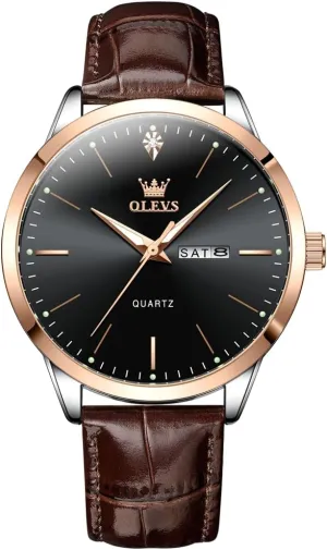 Casual Luxury Wrist Watch for Men with Date, Easy to flute coarse placid Read Relojes para Hombres Male Quartz Wristwatch with Brown Black Leather Band Blue Black Dial OLEVS Mens Watches, Dress Waterproof Classic Analog 