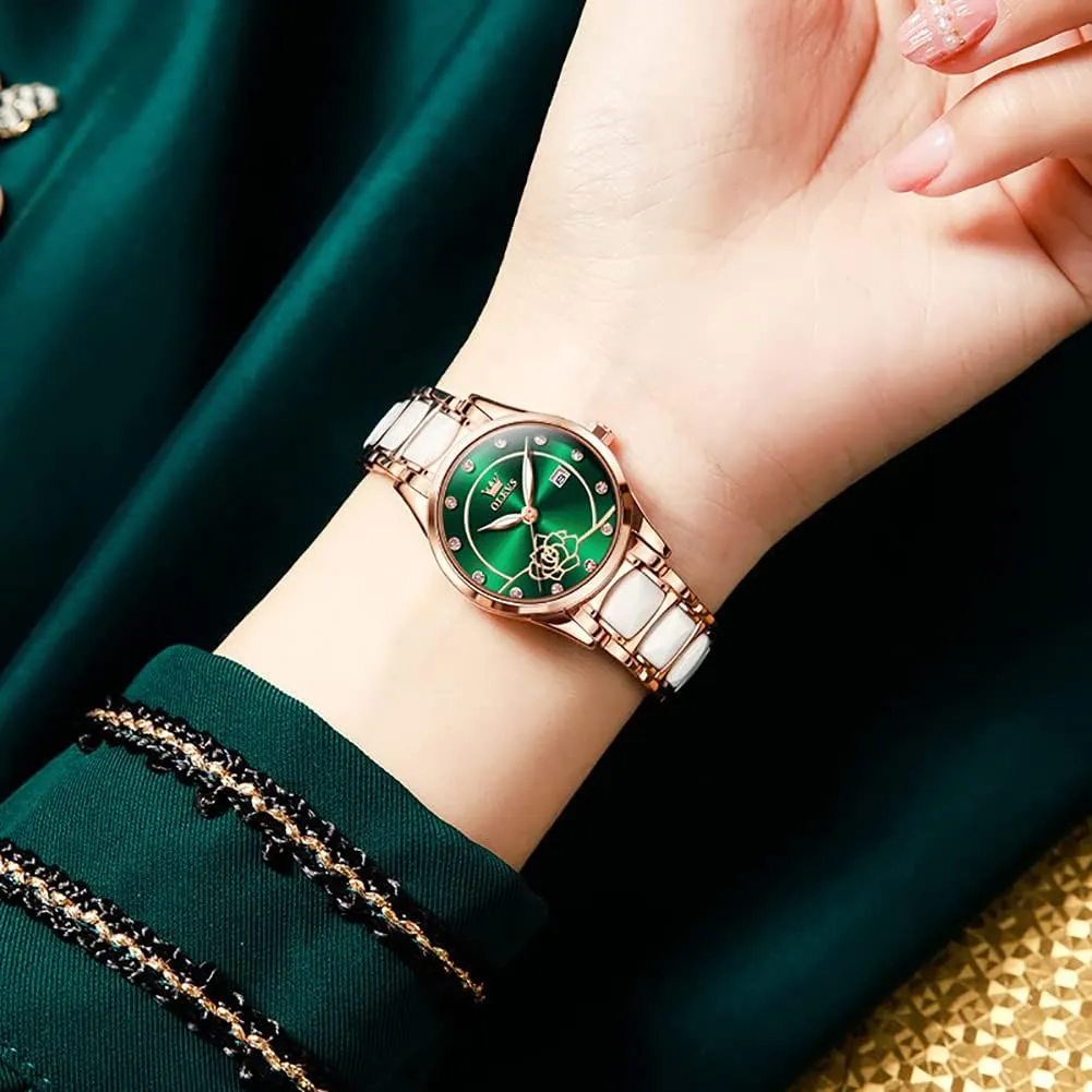Ceramic Designer Elegant Note Fashion Luxury 3ATM Date Waterproof Luminous Green rhetoric inanity soundly Valentine's Day Present Quartz OLEVS Ladies Watch Rose Gold 